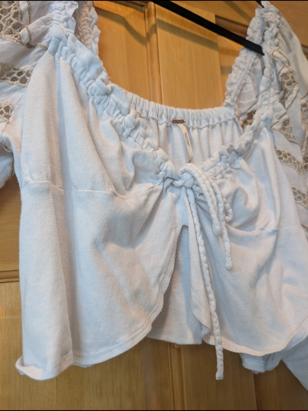 Free People White Crop Tie-Front Top with Crochet-Pattern Sleeves